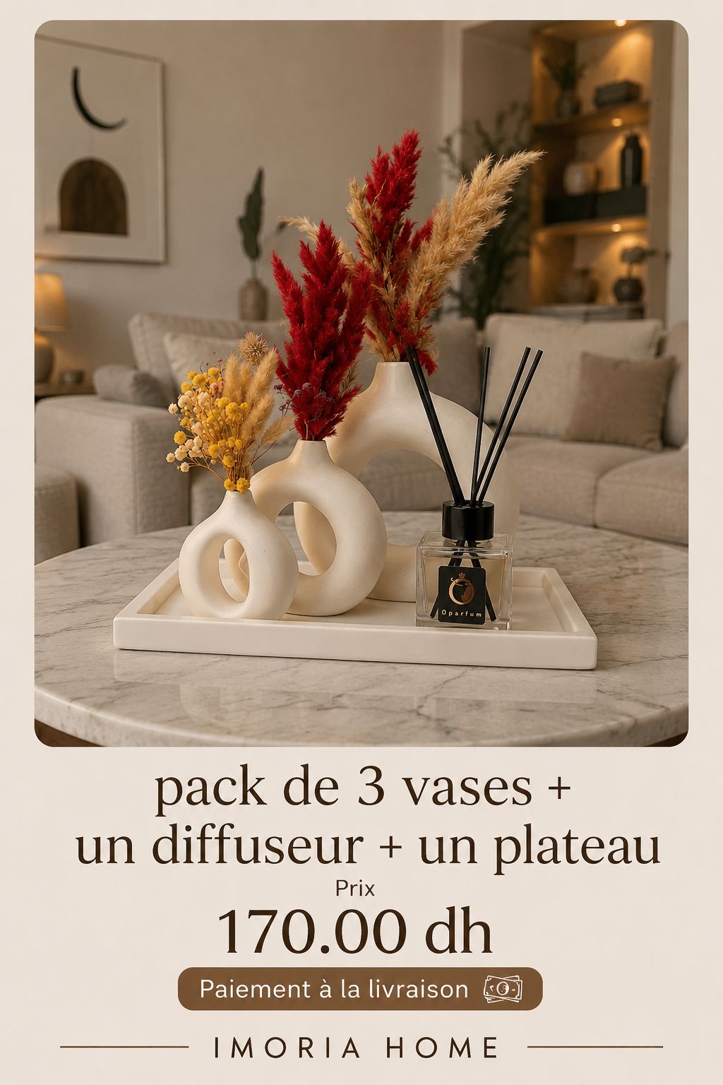 pack de 3 vases + un diffuseur + un plateau